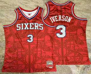 Mens Philadelphia 76ers #3 Allen Iverson Red Snakeskin Hardwood AU Throwback Jersey Mixiu